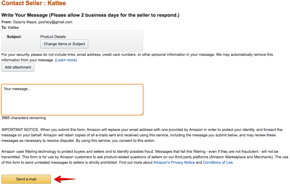 Как написать письмо стороннему продавцу с Amazon fourth
